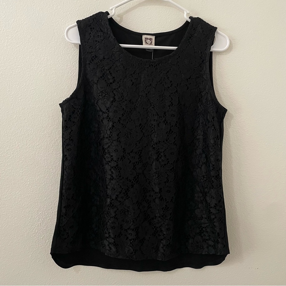Anne Klein NWT Sleeveless Floral Lace Front Top Size Small Black Rounded Neck